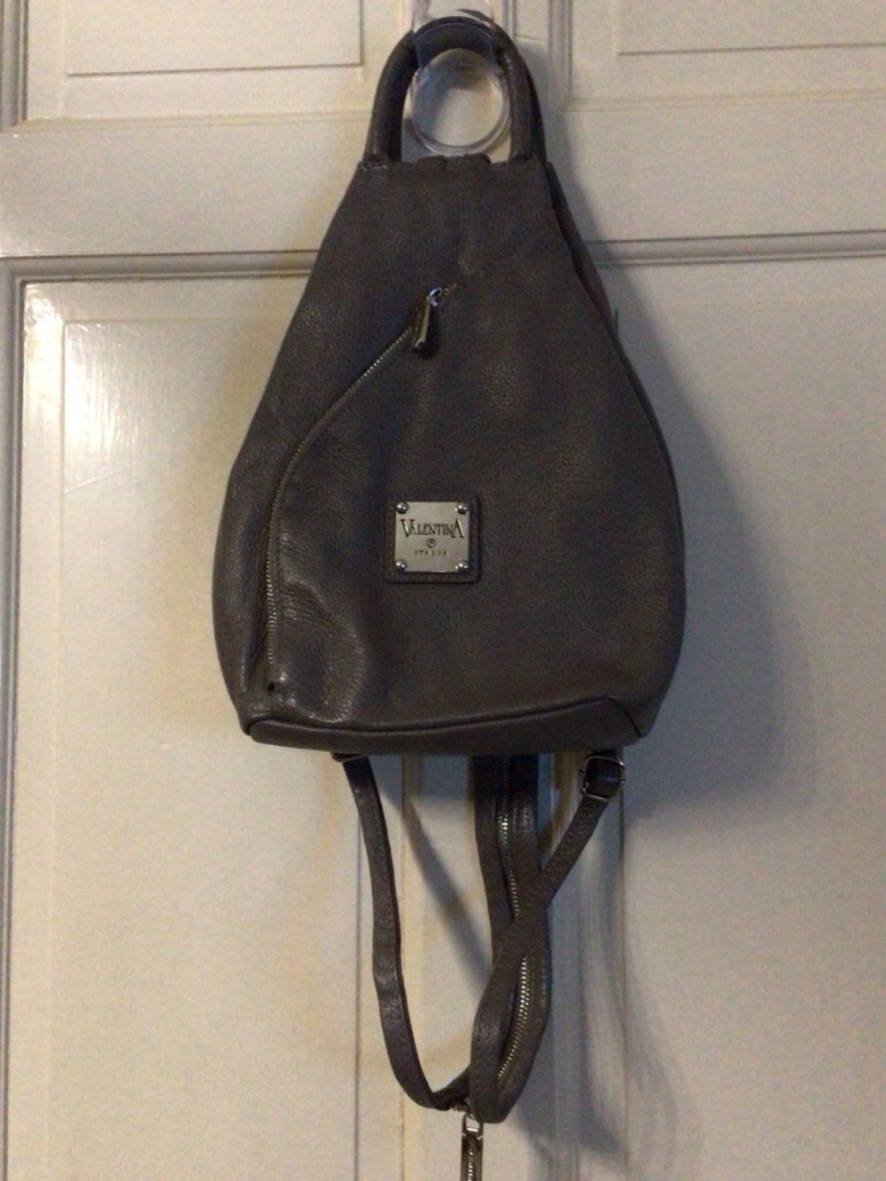 Valentina Gray Leather Teardrop Sling Backpack with Diagonal Zip